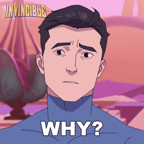 a cartoon of a man with the words why on the bottom