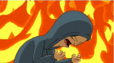 a cartoon of a man in a hoodie screaming in front of flames