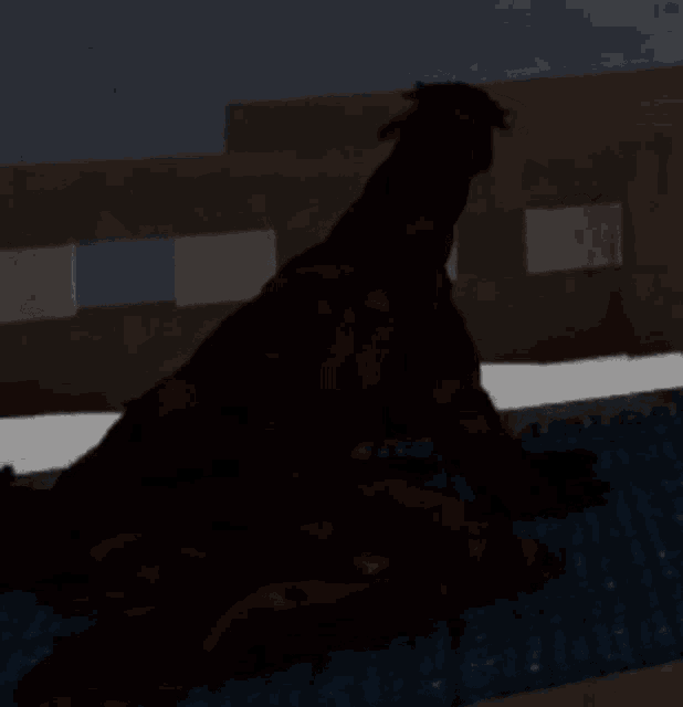a silhouette of a monster is sitting on a bed in a dark room