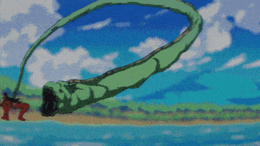 a green monster is swimming in the water with a blue sky and clouds behind it