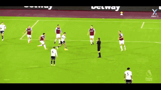 a group of soccer players on a field with the word premier league on the side