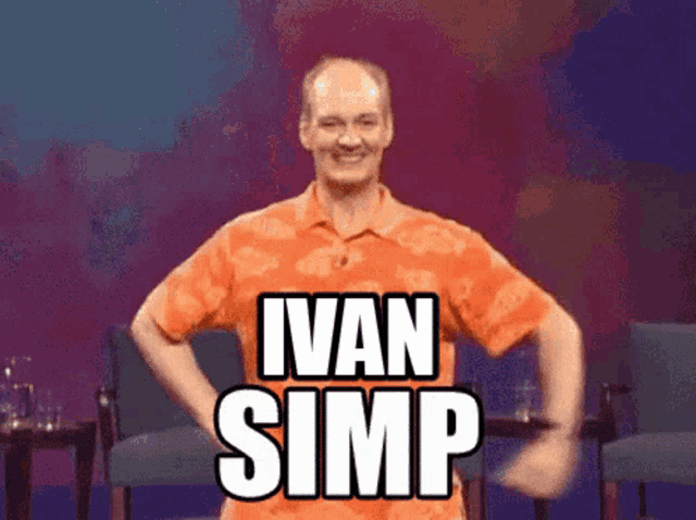a man in an orange shirt with the words ivan simp written on it