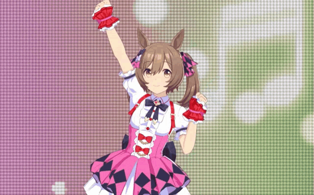 a girl in a pink and white dress with a horse on her back