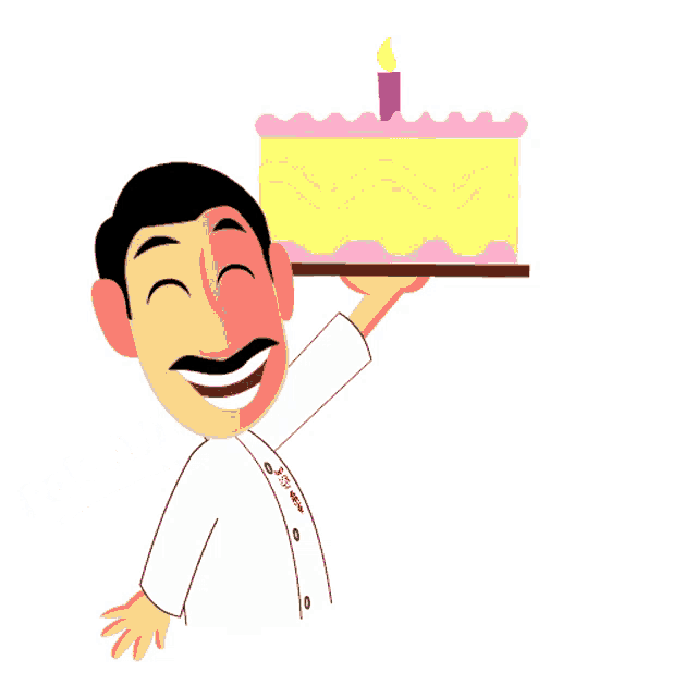 a cartoon of a man holding a birthday cake with the words happy birthday