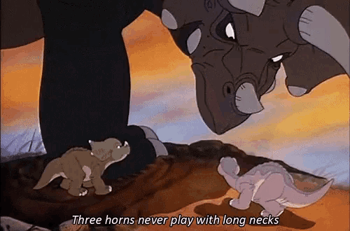 three horns never play with long necks is written on a cartoon