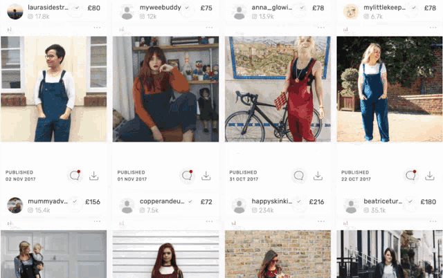 a grid of images of women in overalls including one titled myweebuddy