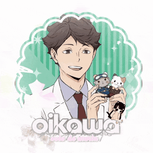 a drawing of a man holding stuffed animals with the name oikawa on the bottom right