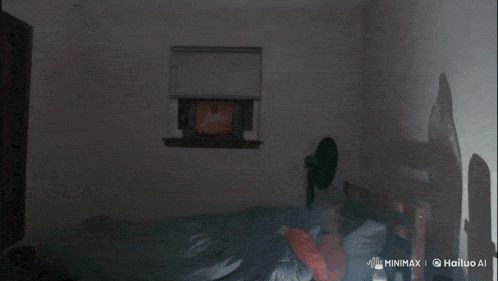 a shirtless man is standing on a bed with his arms outstretched in a room that says hailuo ai in the corner