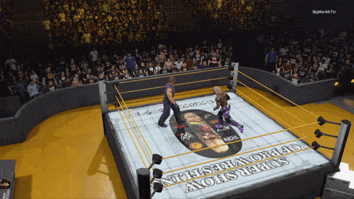 two wrestlers in a wrestling ring that says superstar