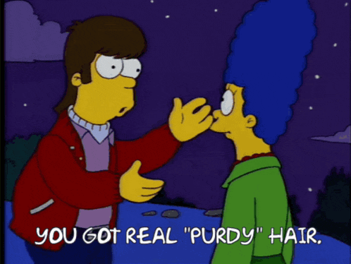 a cartoon of a man kissing a woman with the words " you got real purdy hair "