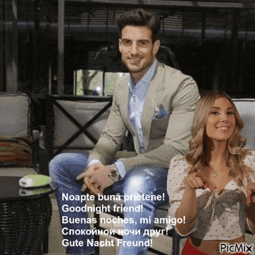 a man and a woman are sitting next to each other with a caption that says " goodnight friend "