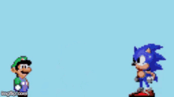 a pixel art of mario and luigi with a speech bubble that says i + e !