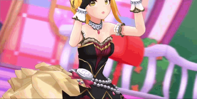 a cartoon girl in a black and gold dress is standing in a room