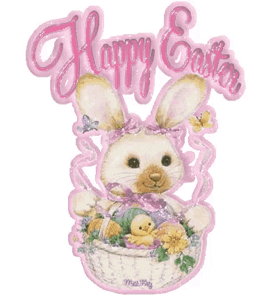a happy easter sign with a bunny and a basket full of eggs