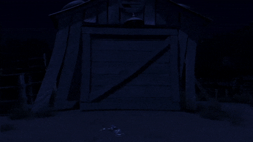 a cartoon character is looking out of a wooden shed