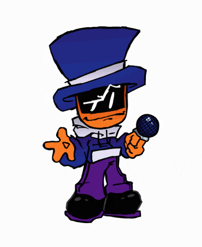 a cartoon character wearing a top hat and holding a microphone .
