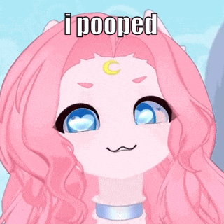 a girl with pink hair and blue eyes is making a funny face and says i pooped .