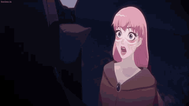 a girl with pink hair and blue eyes is wearing a brown coat