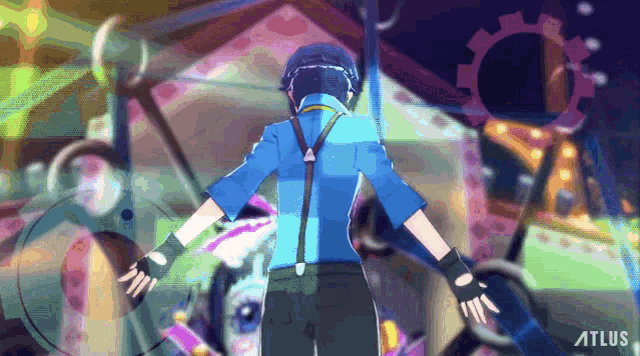 a man in a blue shirt and suspenders stands in front of a colorful background that says atlus