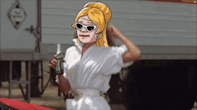 a cartoon of a woman wearing sunglasses and holding a bottle of wine .