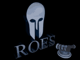 a logo for roes with a spartan helmet and a gavel