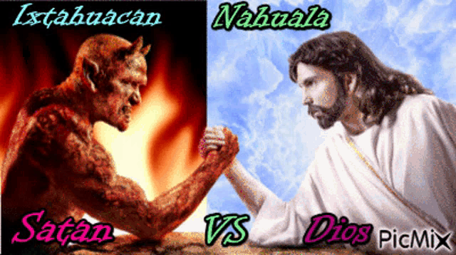 a picture of a devil and a man with the words satan vs dios on the bottom