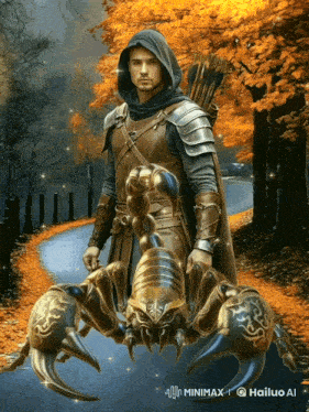 a painting of a man in armor holding a scorpion with the words minimax on the bottom