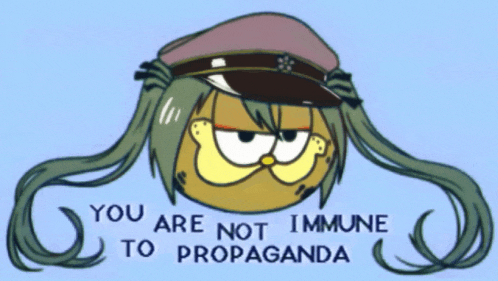 a cartoon character with a hat and the words " you are not immune to propaganda "