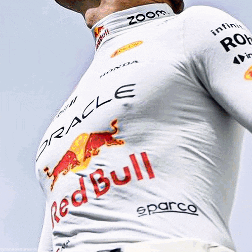 a close up of a man 's red bull shirt