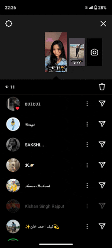 a phone screen shows a list of people including bulbul and sakshi