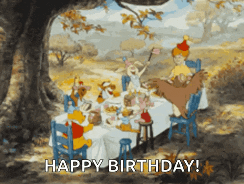 a group of winnie the pooh characters sitting around a table with the words happy birthday below them