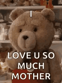 a teddy bear is holding a red heart and says `` i love u so much mother '' .