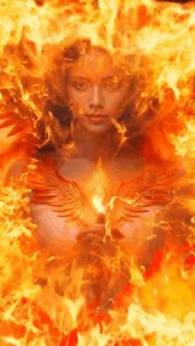 a woman is surrounded by flames and holding a flame in her hands