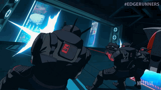a netflix advertisement for edgerunners shows a group of soldiers fighting each other