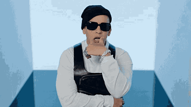 a man wearing sunglasses and a beanie has his hand to his chin