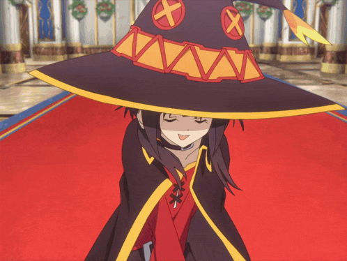 a girl wearing a witch hat with two crosses on it