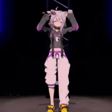a 3d anime girl is dancing on a stage holding a sword .