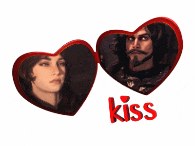 a picture of a man and a woman in a heart shaped frame with the word kiss below them
