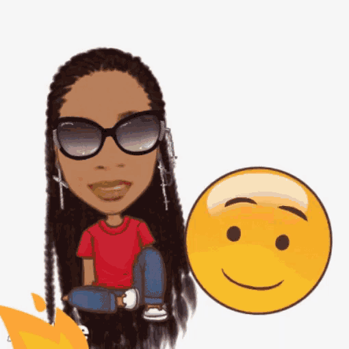 a woman wearing sunglasses sits next to a smiling smiley face