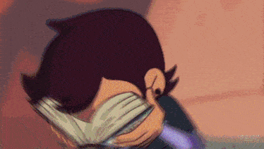 a cartoon character is reading a book and covering his eyes with his hand .