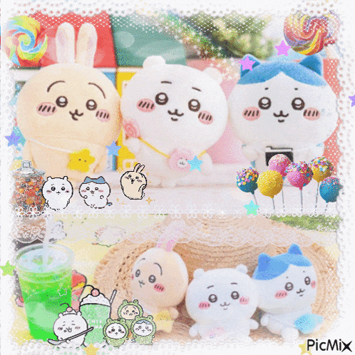 a collage of stuffed animals including a rabbit and a cat with the word picmix at the bottom