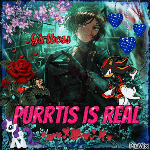 a picture of a girl holding a gun with the words purrtis is real on it