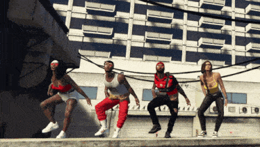a group of people dancing in front of a building with a coca cola logo on their shirt