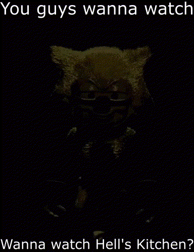 a picture of a stuffed animal with the words " you guys wanna watch wanna watch hell 's kitchen " on it