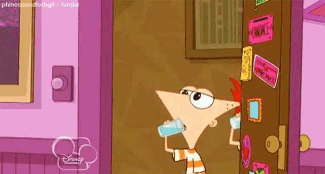 a cartoon character is drinking water from a bottle while peeking out of a door .