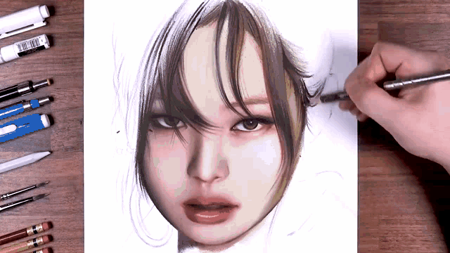 a person is drawing a woman 's face with a pencil on a piece of paper