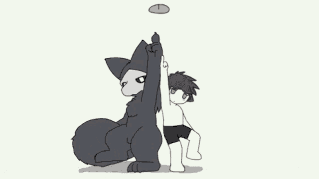 a cartoon of a wolf and a boy holding hands and pointing at something .