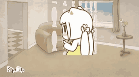 a cartoon of a girl in a living room with a caption that says " lam người ta ngai hoai "