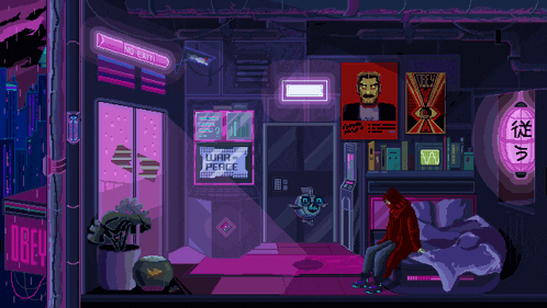a pixel art drawing of a room with a sign that says " war peace "