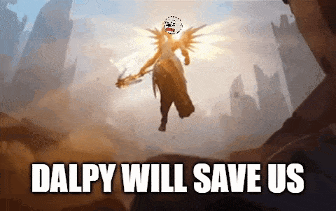 a cartoon of a woman with wings and the words dalpy will save us on the bottom